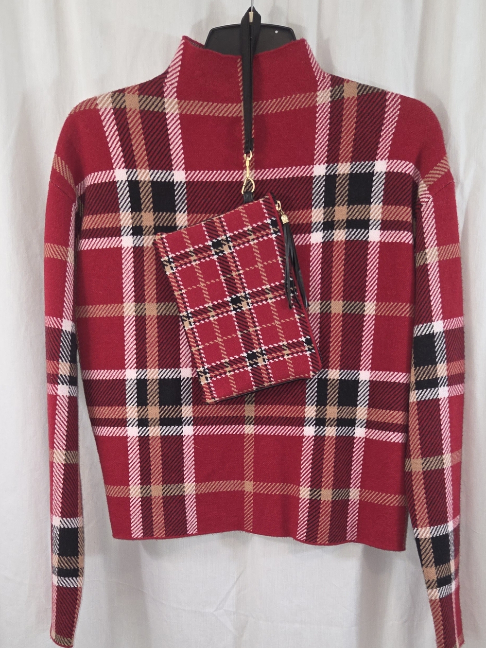 (75/80 Chars): Tahari Red Plaid Mock Neck Sweater & Matching Pouch Set S Small